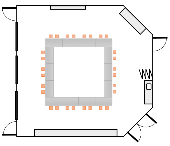 Floor plan with large open square table with 14 tables with 28 chairs