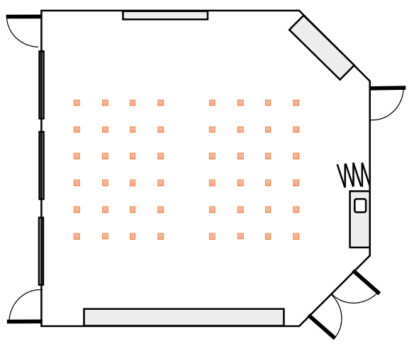 Floor plan with 48 chairs facing a white board