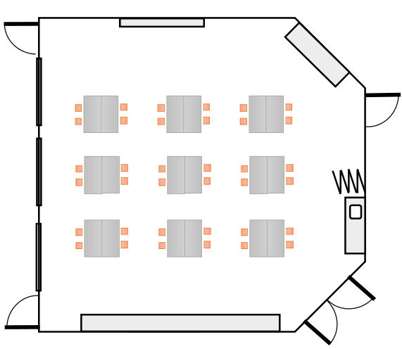 Floor plan with groups of tables with 4 chairs at each table